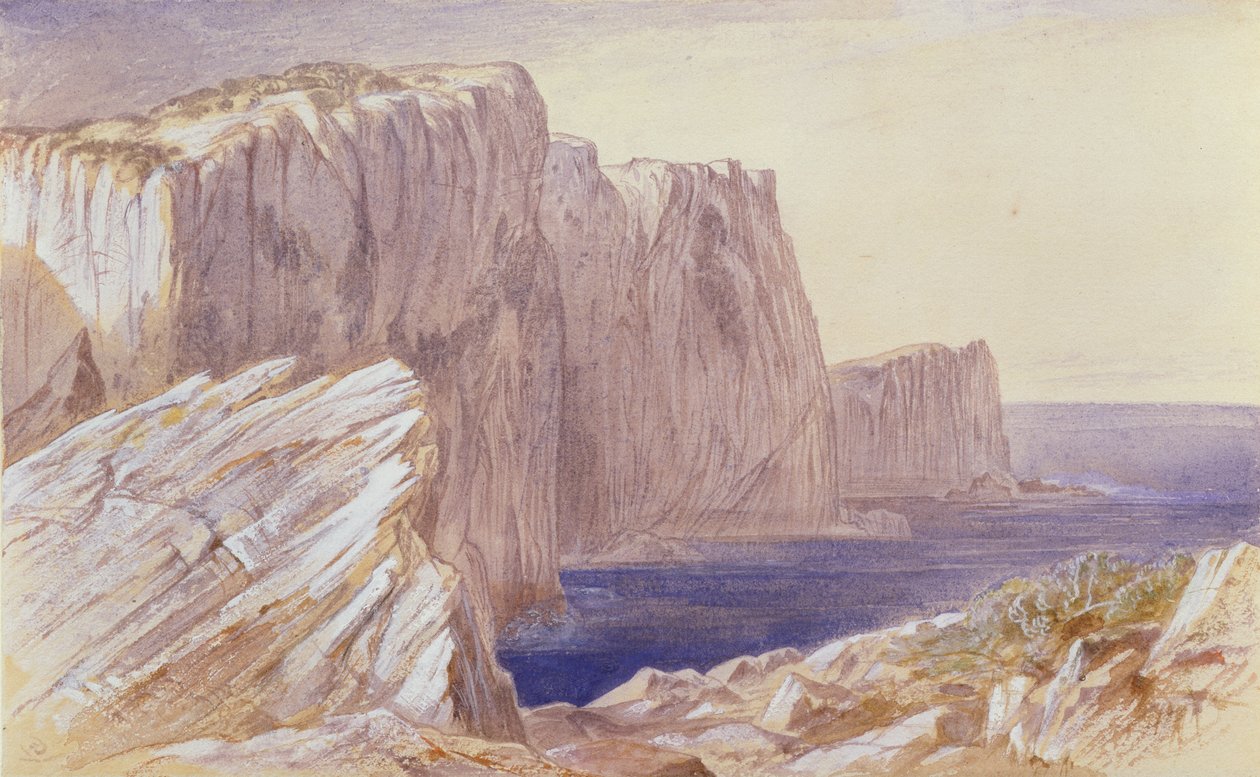 Sapphos Leap (Leucatas) Lefkas (wc over blyant forhøjet med hvidt på papir) af Edward Lear