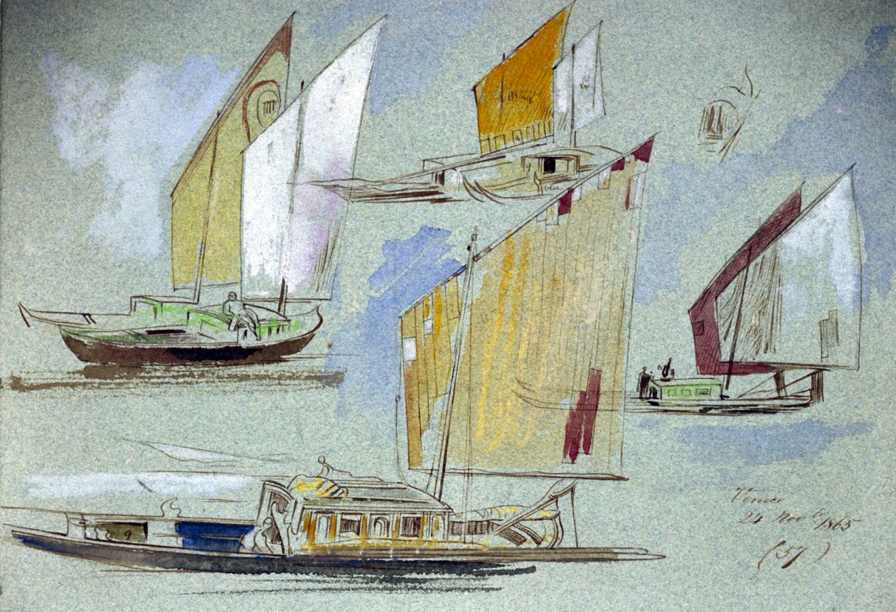Studier af venetianske både for fulde sejl. Koloreret akvareltegning af Edward Lear (1812-1888). af Edward Lear