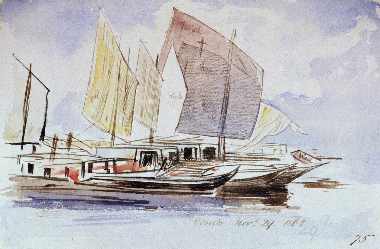 Studier af venetianske både for fulde sejl, set fra styrbord. Farvet akvareltegning af Edward Lear (1812-1888). af Edward Lear