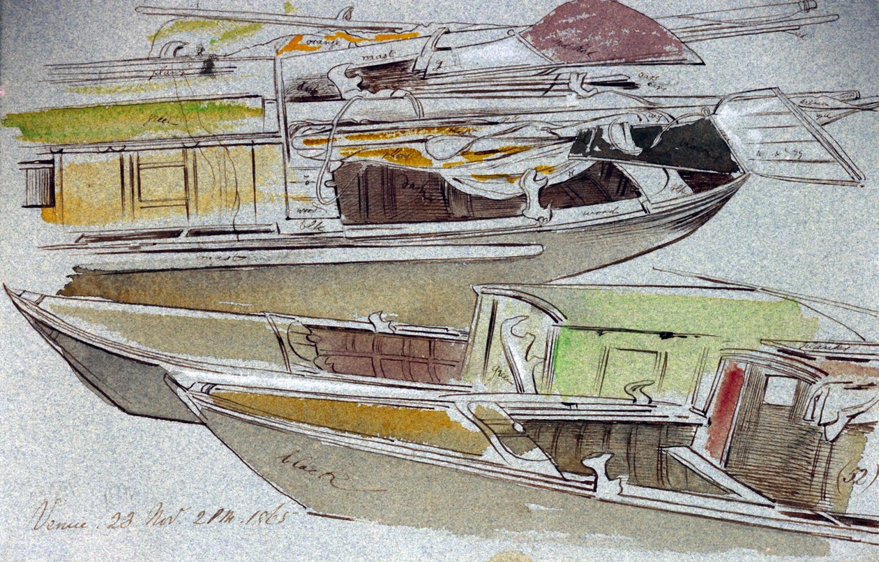 Studier af venetianske både, der ligger fortøjet. Koloreret akvareltegning af Edward Lear (1812-1888). af Edward Lear