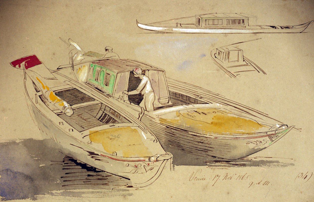 Studier af venetianske både på kysten. Koloreret akvareltegning af Edward Lear (1812-1888). af Edward Lear