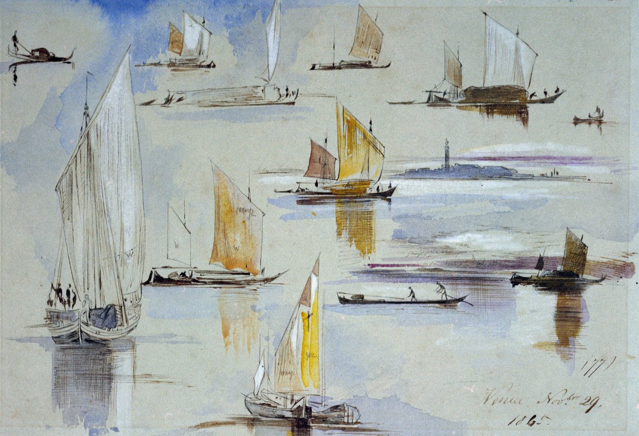 Studier af venetianske både med kommentarer. Maleri af Edward Lear (1812-1888) af Edward Lear