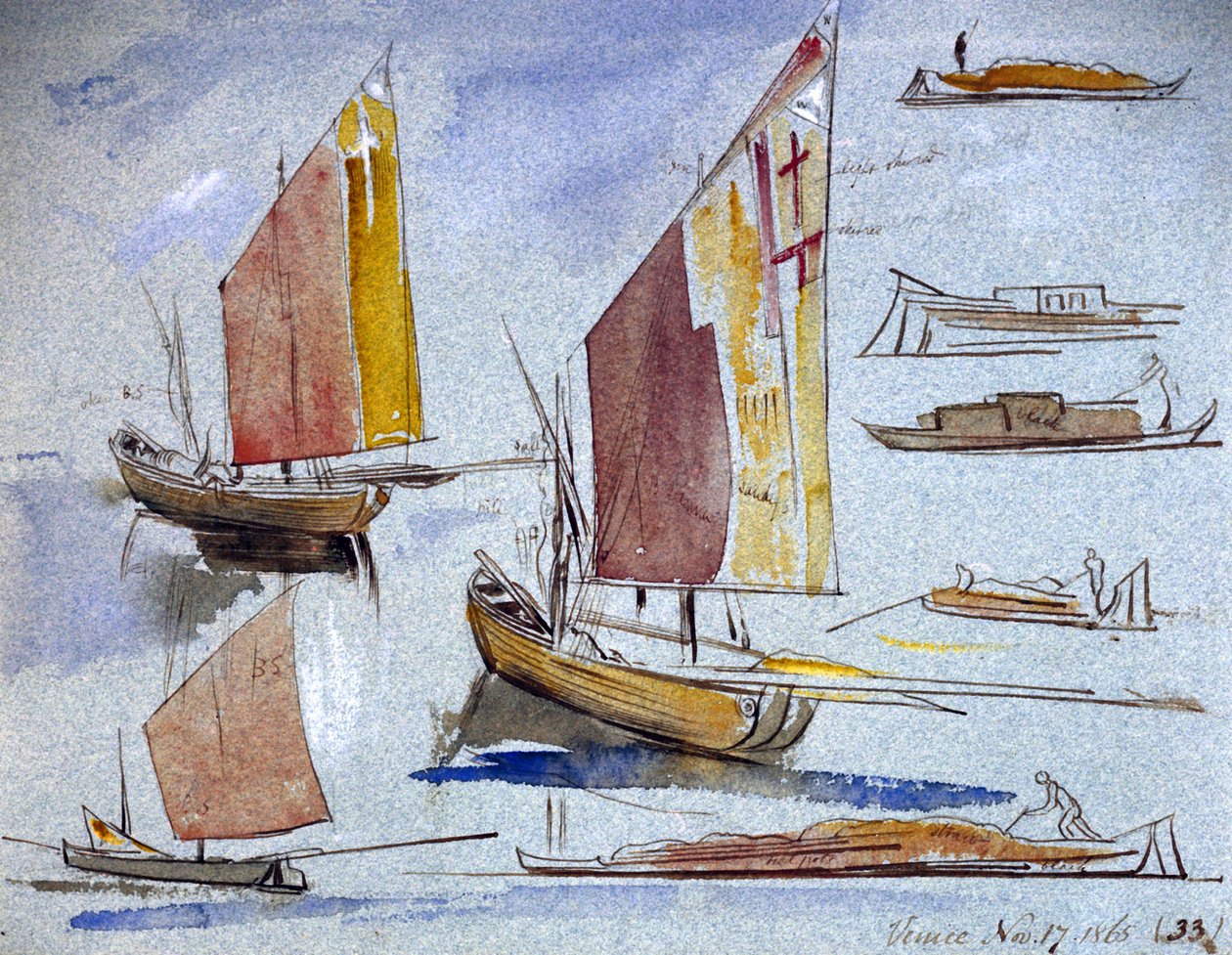 Studier af venetianske både med fulde sejl og fortøjning. Koloreret akvareltegning af Edward Lear (1812-1888). af Edward Lear