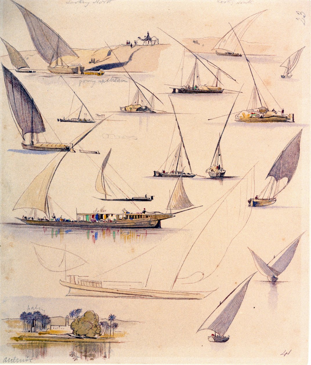 Studier af forskellige egyptiske både. Farvet akvareltegning af Edward Lear