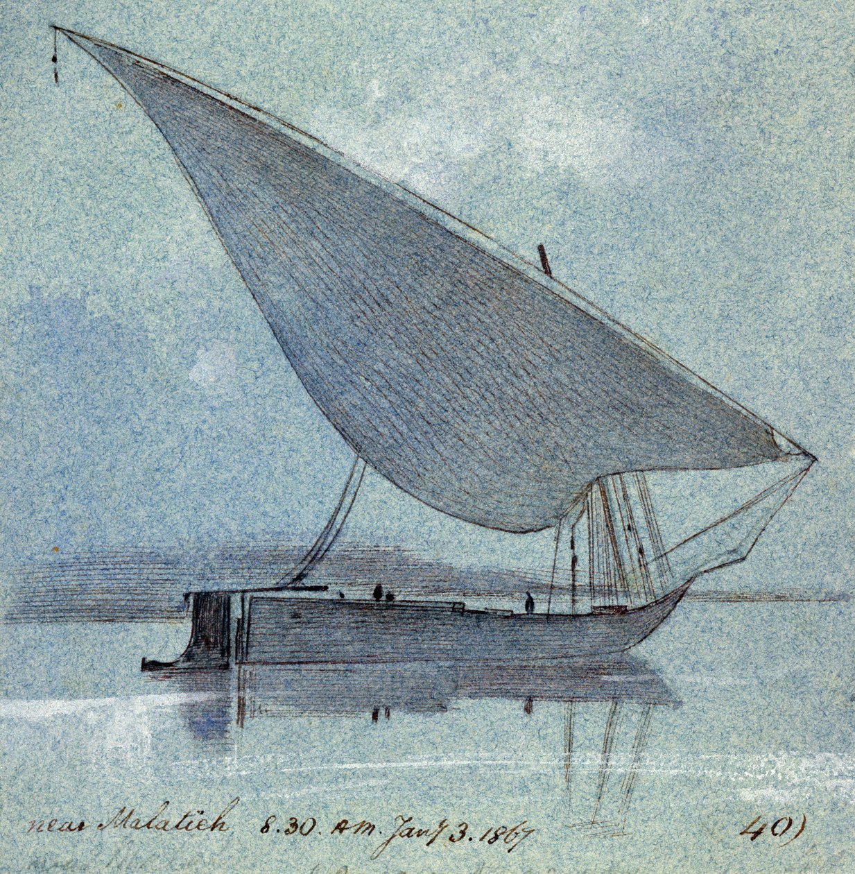 Studie af en gyasi (egyptisk båd) nær Malatieh (eller Malatia, Egypten). Farvet akvareltegning af Edward Lear