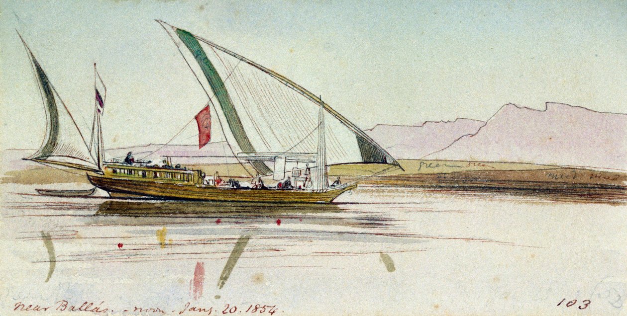 Studie af gyassi (egyptisk båd) på Nilen nær Ballas (Egypten). Farvet akvareltegning af Edward Lear