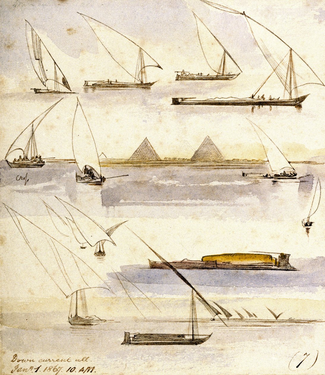 Studie af forskellige egyptiske både (Dahabeeyahs og Gyassis) med en scene foran pyramiderne i Giza (Cairo) midt på siden. af Edward Lear