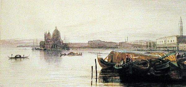 Kirken Santa Maria della Salute, Venedig (akvarel på papir) af Edward Lear