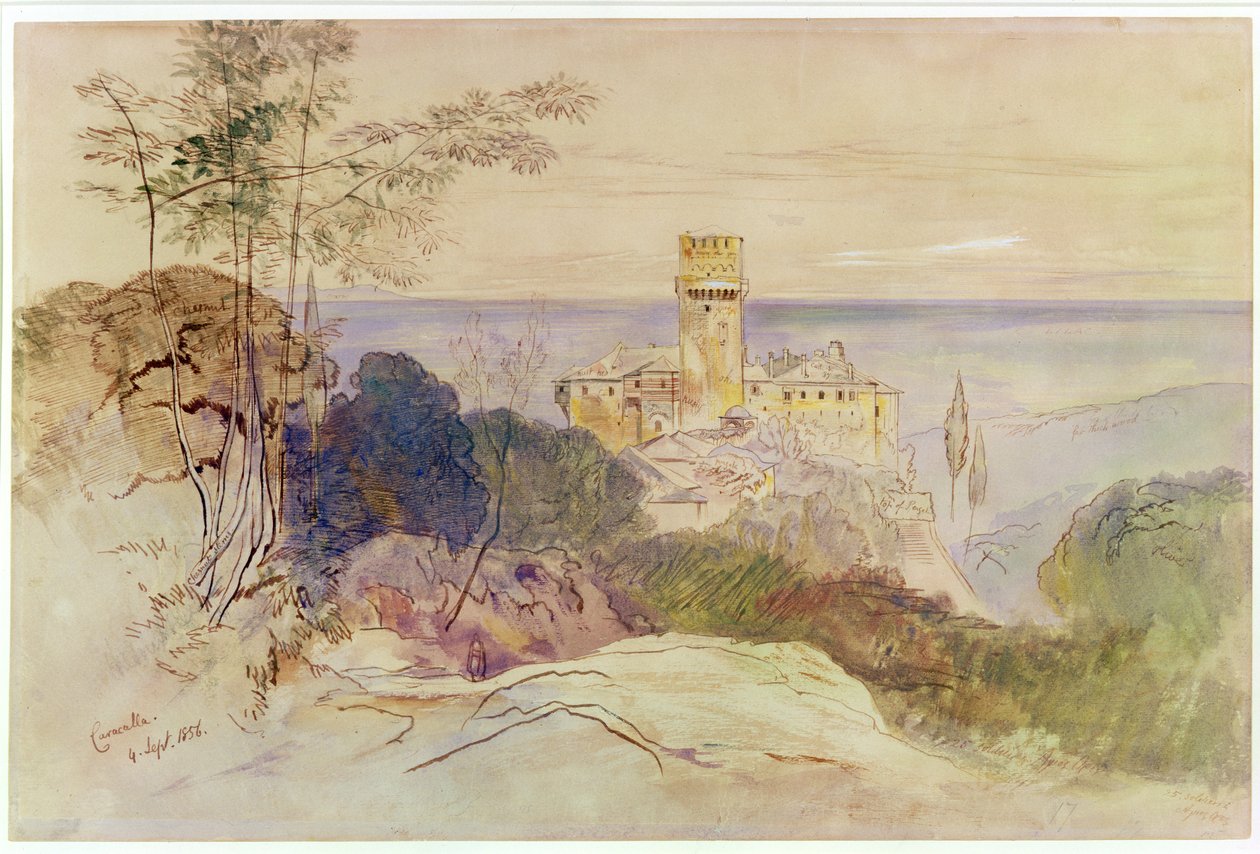 The Monastery of Caracalla, 1856 (pen & blæk & wc på papir) af Edward Lear