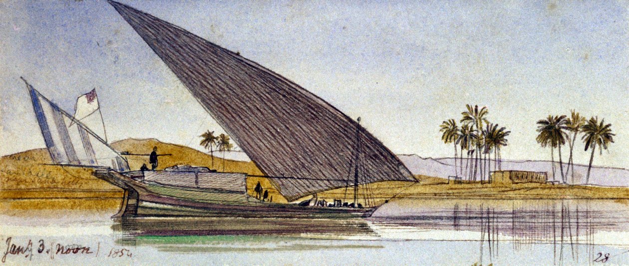 Nilens bredder (Egypten) med en stor gyassi, der passerer forbi. Farvet akvareltegning af Edward Lear