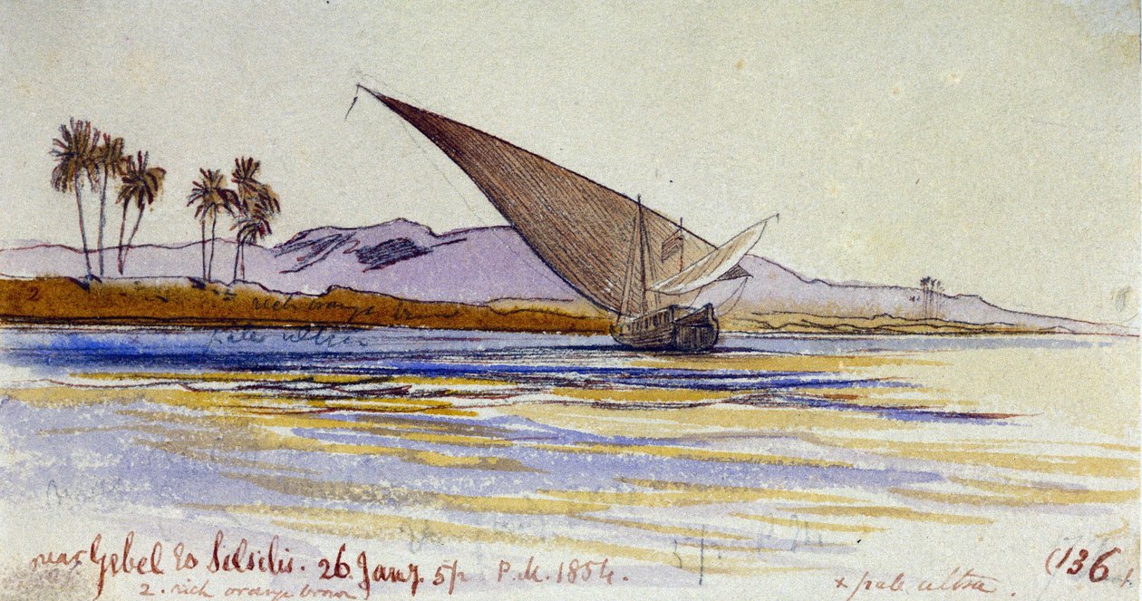 Nilens bredder (Egypten) med palmer og gyassier, der vender ud mod bredden, nær Gebel el Silsileh. Farvet akvareltegning af Edward Lear
