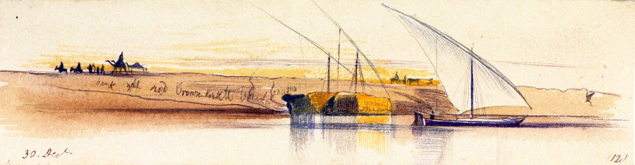 Nilens bredder (Egypten) med tre gyasser, hvoraf to er tungt læsset med halm, i baggrunden ses personer og dyr i den nedgående sol. af Edward Lear
