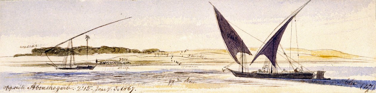 Nilens udstrækning og dens bredder med to traditionelle egyptiske både, bl.a. en Dahabeeya. Farvet akvareltegning af Edward Lear