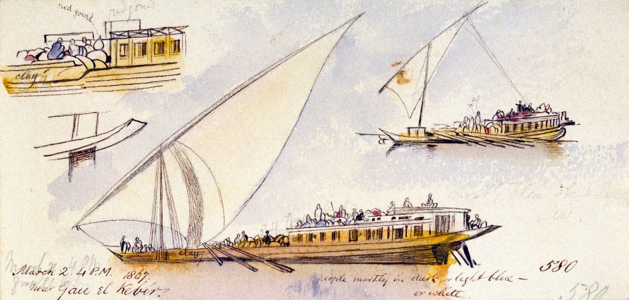 Tre studier af en egyptisk båd med passagerer i nærheden af Gau el Kebir (Egypten), med kommentarer om de afbildede personers tøj af Edward Lear