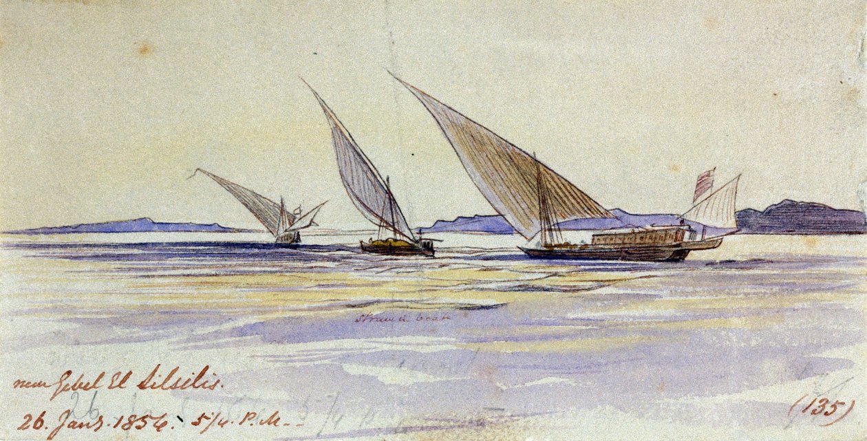 Tre traditionelle egyptiske transportskibe, der sejler på Nilen, nær Gebel el-Silsila eller Gebel Silsileh (Egypten) af Edward Lear