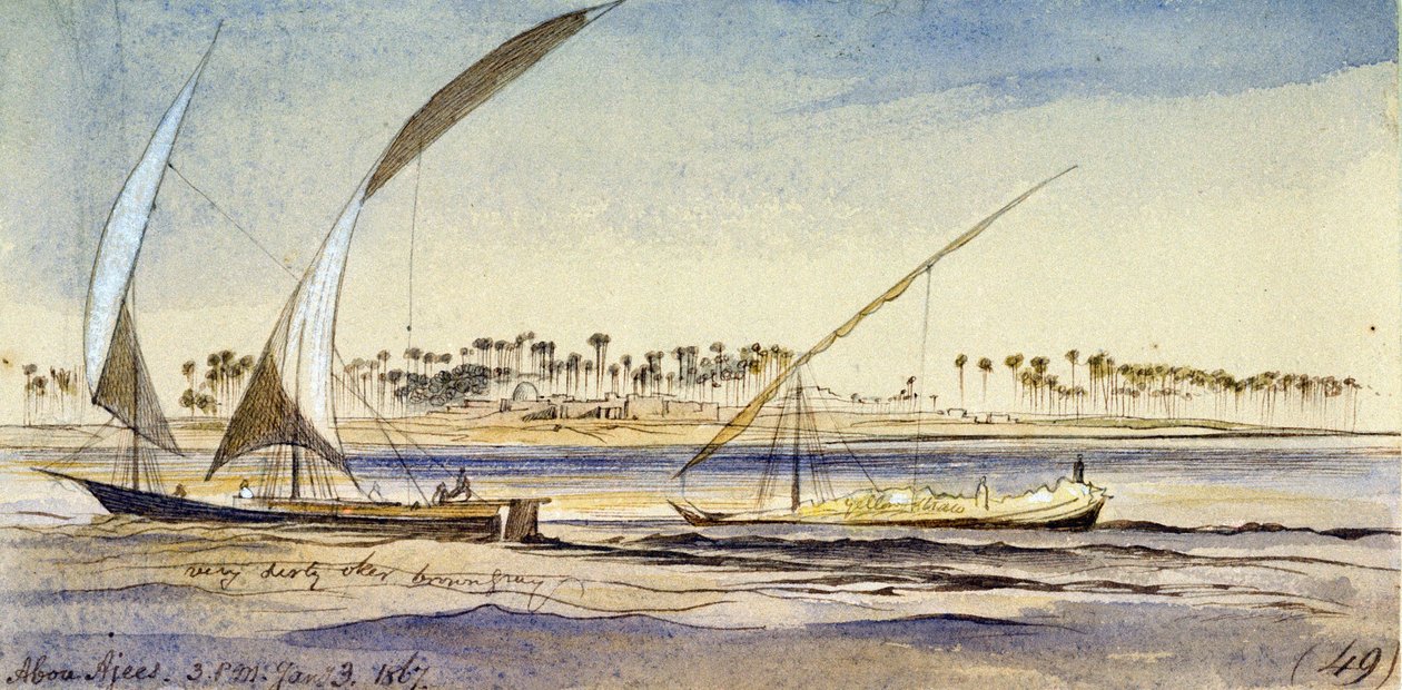 To egyptiske både (en nuggar og en djem) sejler på Nilen i nærheden af Abu Ajees (Egypten). Farvet akvareltegning af Edward Lear