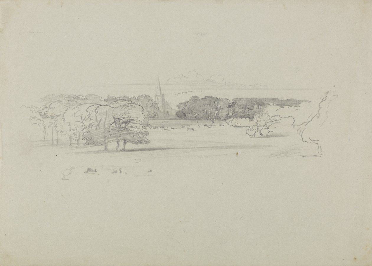 Udsigt over en eng mod en kirke af Edward Lear