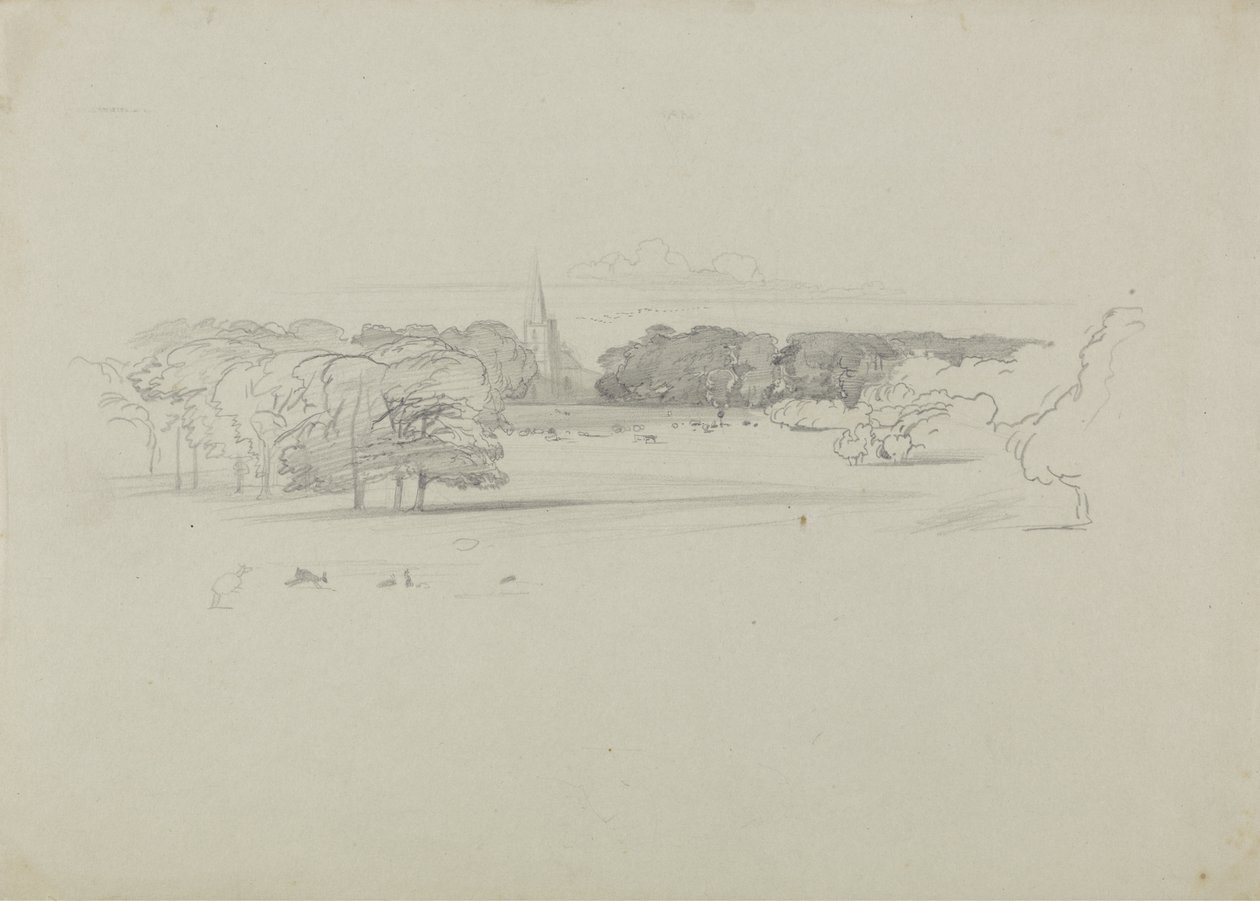 Udsigt over en eng til en kirke, 1834 (grafit på grønt kraftigt vævet papir) af Edward Lear