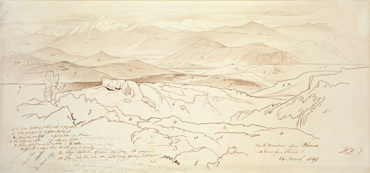 Udsigt fra bjergene over Phonia, 1849 af Edward Lear