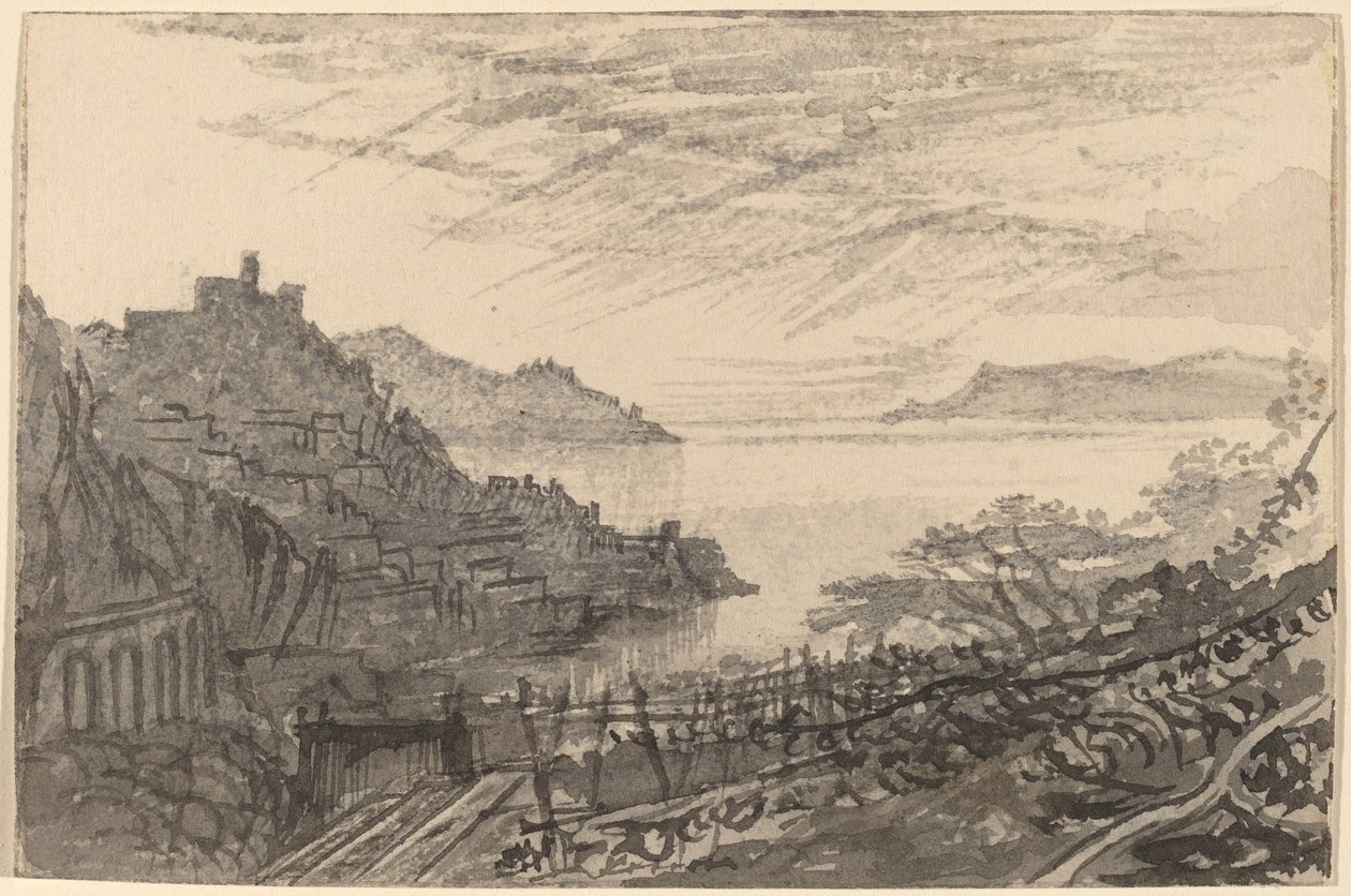 Udsigt over en bugt fra en bakkeskråning (Amalfi) af Edward Lear