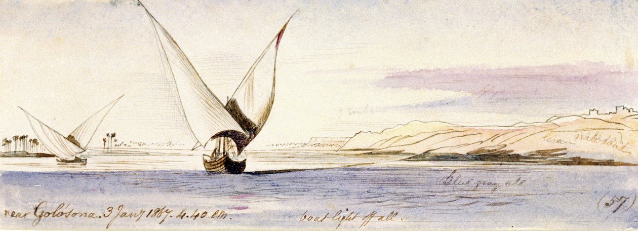 Udsigt over Nilen nær Golosona (Egypten) med en traditionel egyptisk båd, der sejler. Farvet akvareltegning af Edward Lear