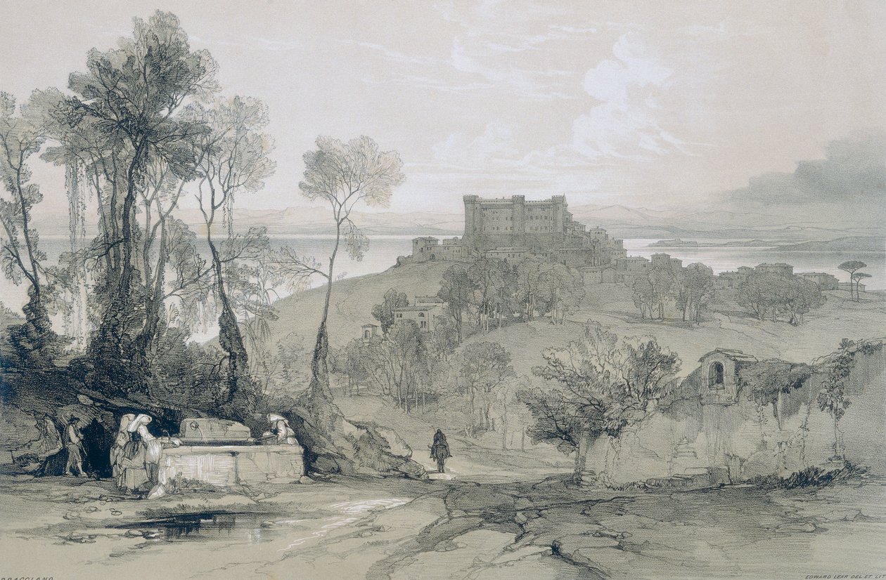Udsigt i Rom og omegn: Slottet og byen Bracciano ved søen af samme navn af Edward Lear