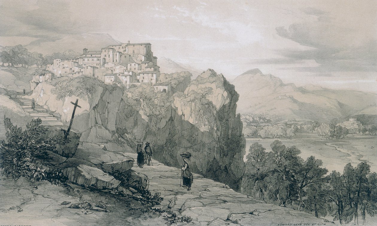 Udsigt i Rom og omegn: Rocca Giovane og i det fjerne byerne med licenser og civitella di licenser af Edward Lear