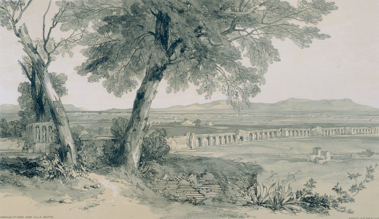 Udsigt i Rom og omegn: Campagna og Roms mure med udsigt til Alban af Edward Lear