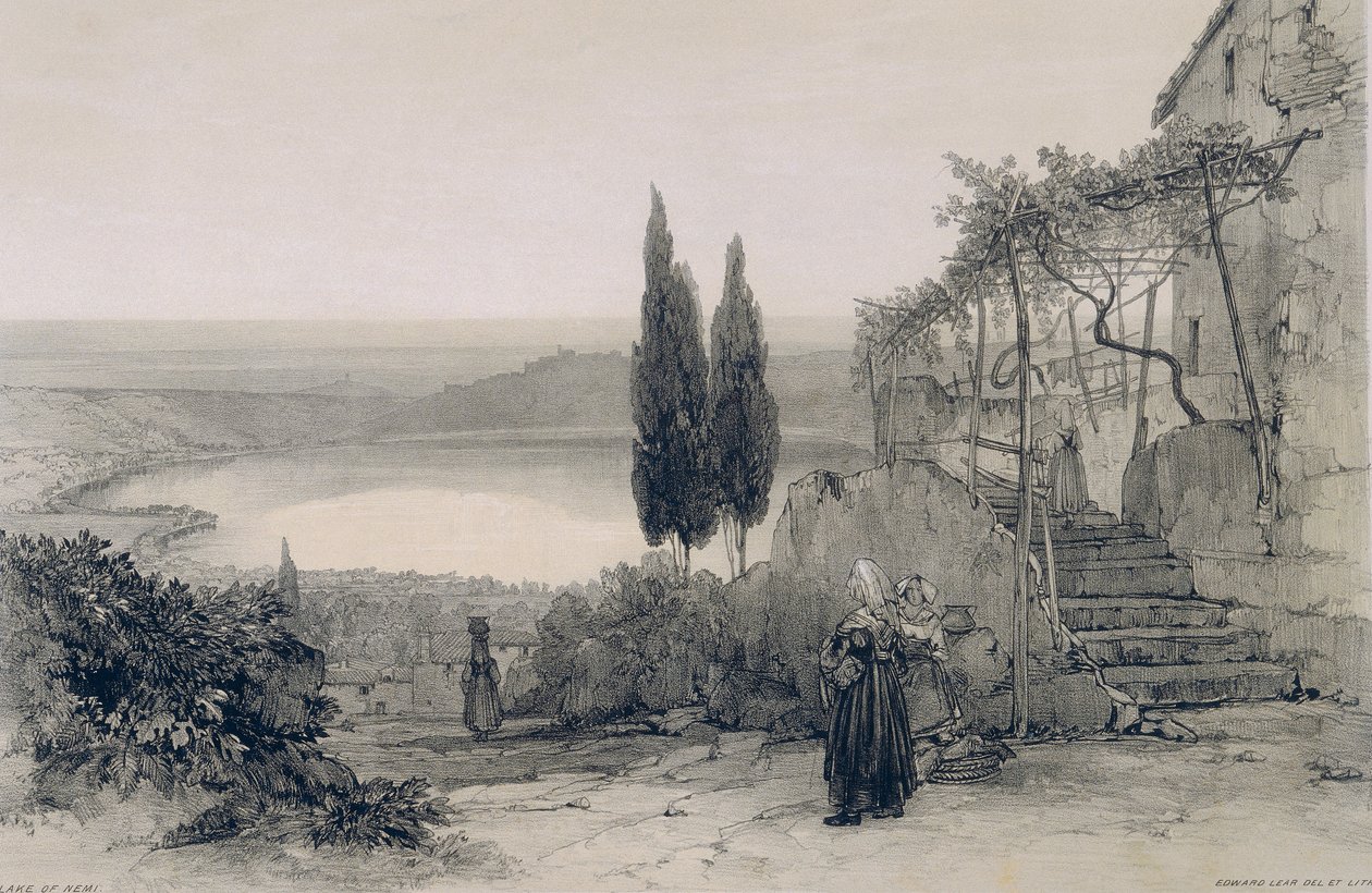Udsigt i Rom og omegn: Nemi-søen af Edward Lear
