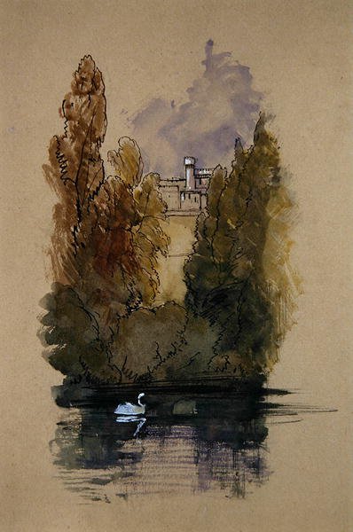 Warwick Castle (pen & blæk, akvarel og kropsfarve på papir) af Edward Lear