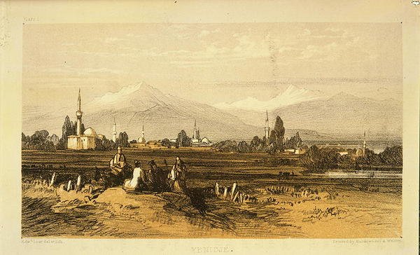 Yenidje, fra "Journals of a Landscape Painter in Albania and Greece", udgivet i 1851 (farvelitografi) af Edward Lear