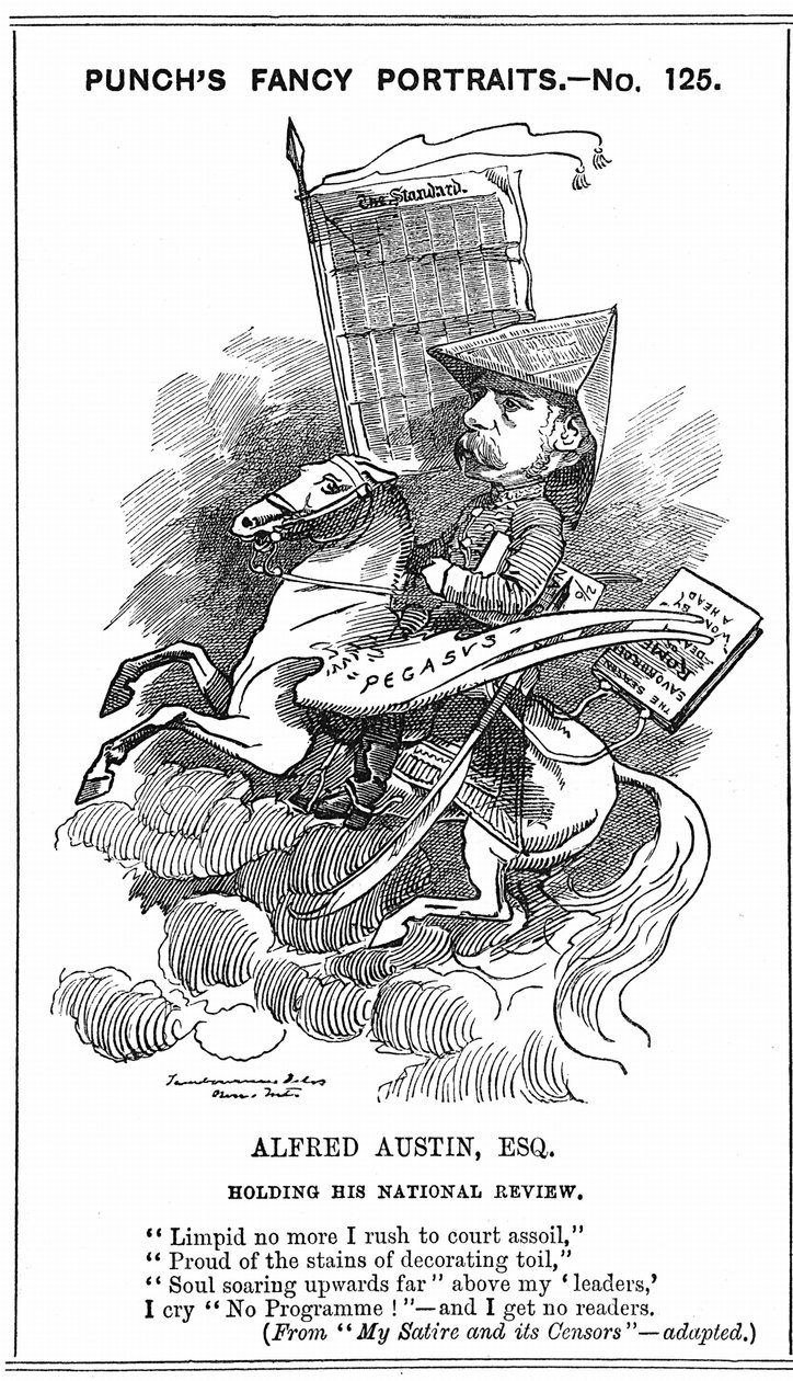 Alfred Austin (1835-1913) britisk digterpristager fra 1896. Tegneserie af Edward Linley Sambourne (1844-1910) i Fancy Portraits-serien i Punch, London, 3. marts 1883, da Austin blev redaktør af National Review. Gravering. af Edward Linley Sambourne