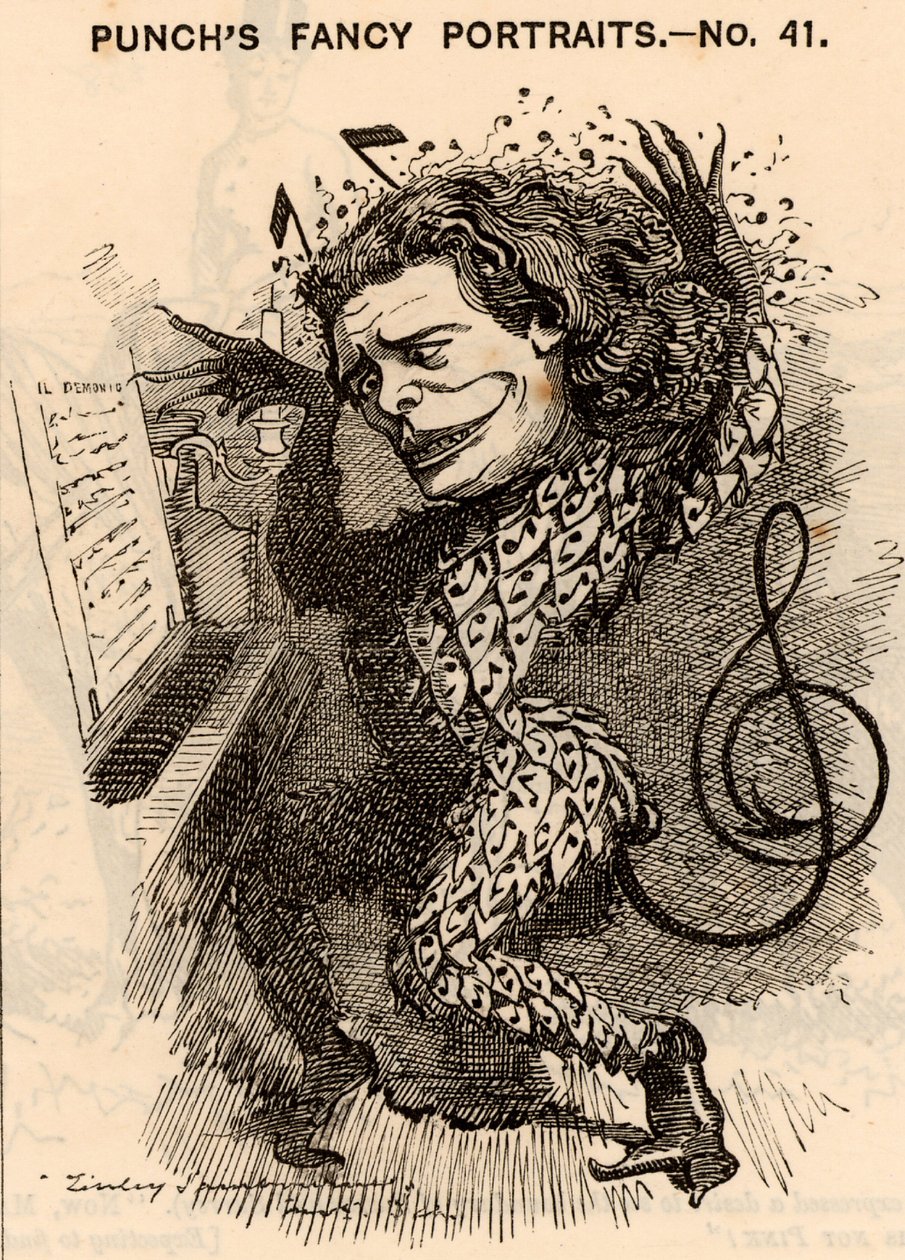 ""Anton Rubinstein (1829-1894) russisk pianist, komponist og dirigent, grundlægger af Sankt Petersborgs konservatorium. I London-koncertsæsonen 1881 tjente han i omegnen af £10.000. En af hans kompositioner var en opera ""Demon"" (1875). Tegnefilm af Edwa af Edward Linley Sambourne