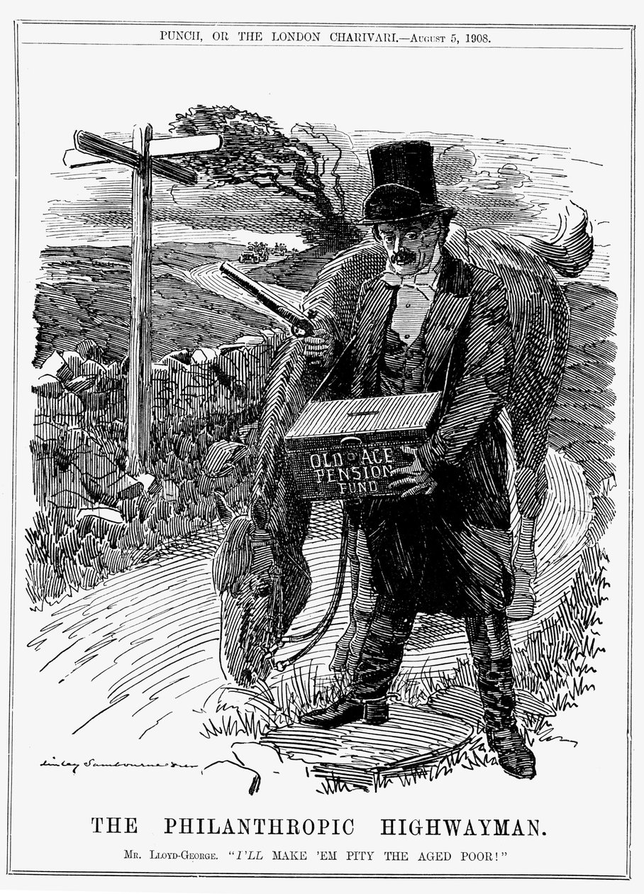 David Lloyd George (1863-1945) walisisk-født britisk liberal statsmand. I 1908 indførte Lloyd George som finanskansler sin lov om alderdomspensioner. Tegnefilm af Edward Linley Sambourne fra Punch, London, august 1908. af Edward Linley Sambourne
