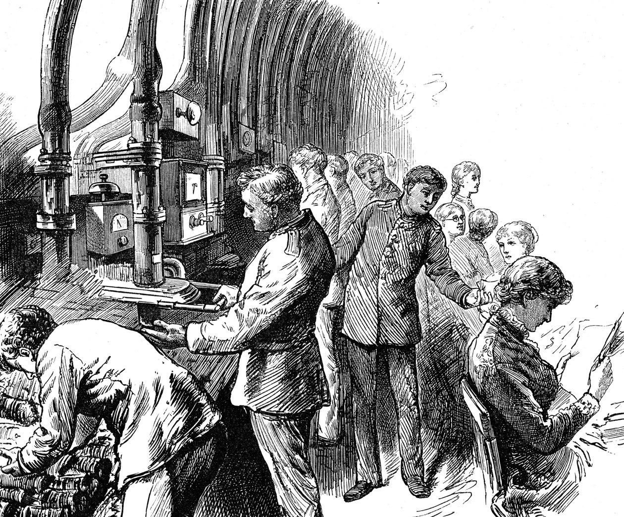 Gravering af den pneumatiske forsendelse, som General Post Office brugte til at transportere pakker under London. Edward Linley Sambourne (1844-1910), en engelsk tegneserieskaber og illustrator. Dateret 1800-tallet ©UIG/Leemage af Edward Linley Sambourne
