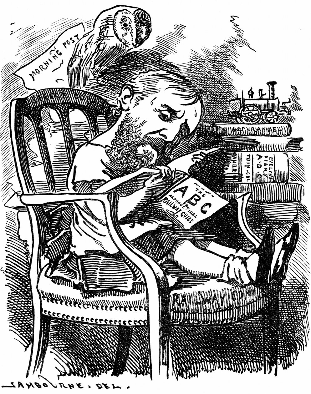 Evelyn Ashley (1836-1907) engelsk forfatter og liberal politiker: søn af 7. jarl af Shaftesbury. Tegnefilm af Edward Linley Sambourne i Fancy Portraits-serien fra Punch London april 1881, da Ashley var undersekretær i Board of Trade. af Edward Linley Sambourne