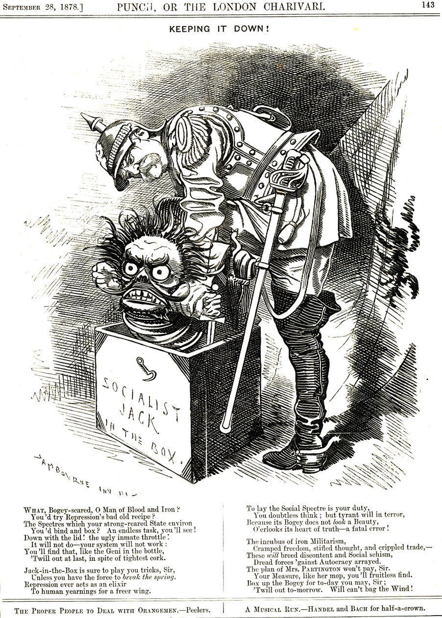 Holder det nede. Otto von Bismarck (1815-1898) Tysklands kansler, der forsøger at tvinge socialismens Jack tilbage i sin boks. Billedteksterne fortæller ham, at enhver undertrykkelseshandling er en eliksir til det menneskelige ønske om mere frihed. Tegnefi af Edward Linley Sambourne