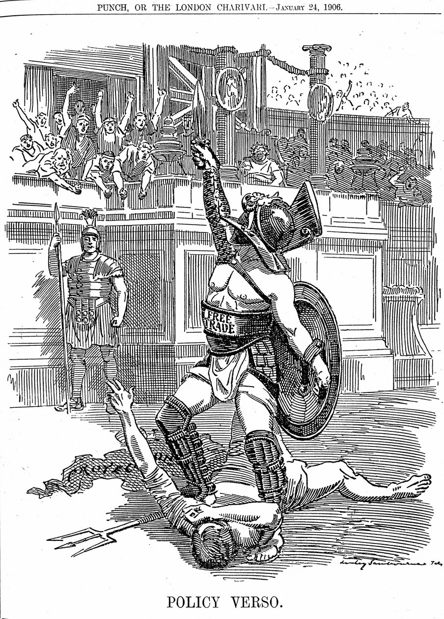 Med tilbagevenden af den liberale regering i Storbritannien, december 1905, var frihandel politikken snarere end den konservative politik for beskyttelse af told. Tegneserie af Edward Linley Sambourne fra Punch London 24. januar 1906 af Edward Linley Sambourne