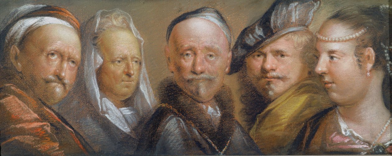 Studier af fem hoveder efter Rembrandt (pastel på kobberplade) af Edward Lutterell