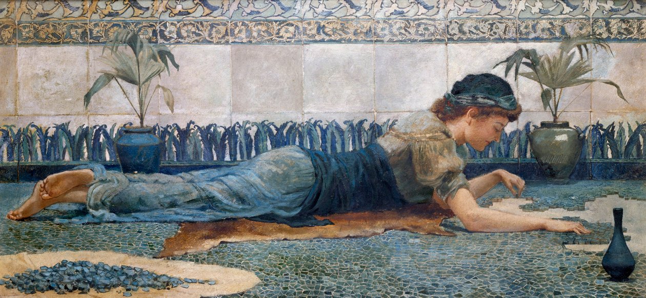 "Blue Mosaic" En ung kvinde i antikke omgivelser ligger på gulvet og dækker jorden med mosaik. Maleri af Edward Matthew Hale (1852-1924) (prærafaelit) af Edward Matthew Hale