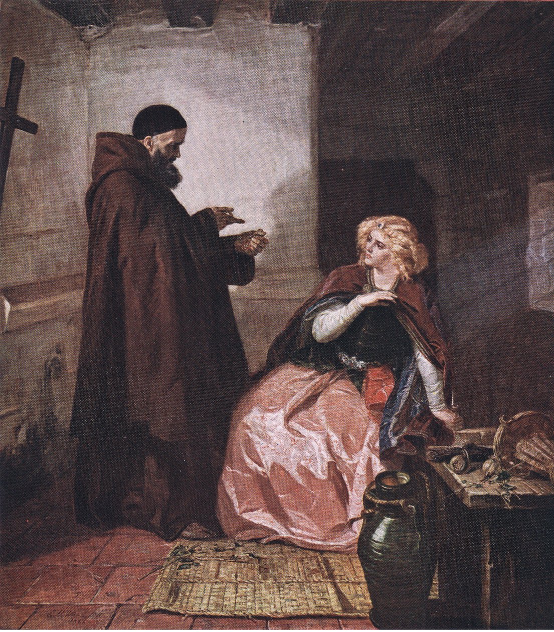 Juliet og broder Laurence (Romeo og Julie) Tag glasset, mens du så er i sengen, og tag denne destillerede spiritusdrik af, fra pubben The Complete Works of William Shakespeare af J Coker & Co Ltd (c. af Edward Matthew Ward