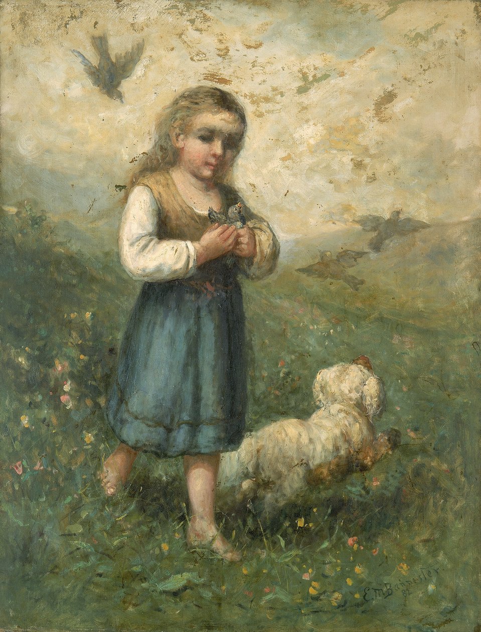 Barn med fugle og hund af Edward Mitchell Bannister