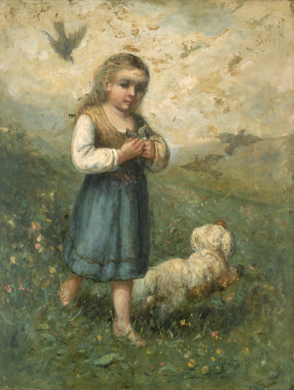 Barn med fugle og hund, 1882. af Edward Mitchell Bannister