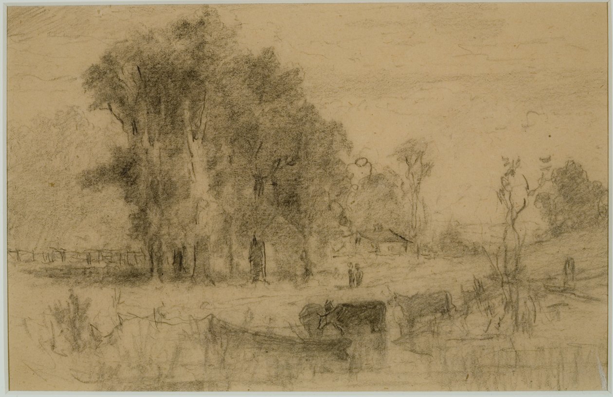 Landskab, robåd og køer (#57) C. 1880 (grafit på papir) af Edward Mitchell Bannister