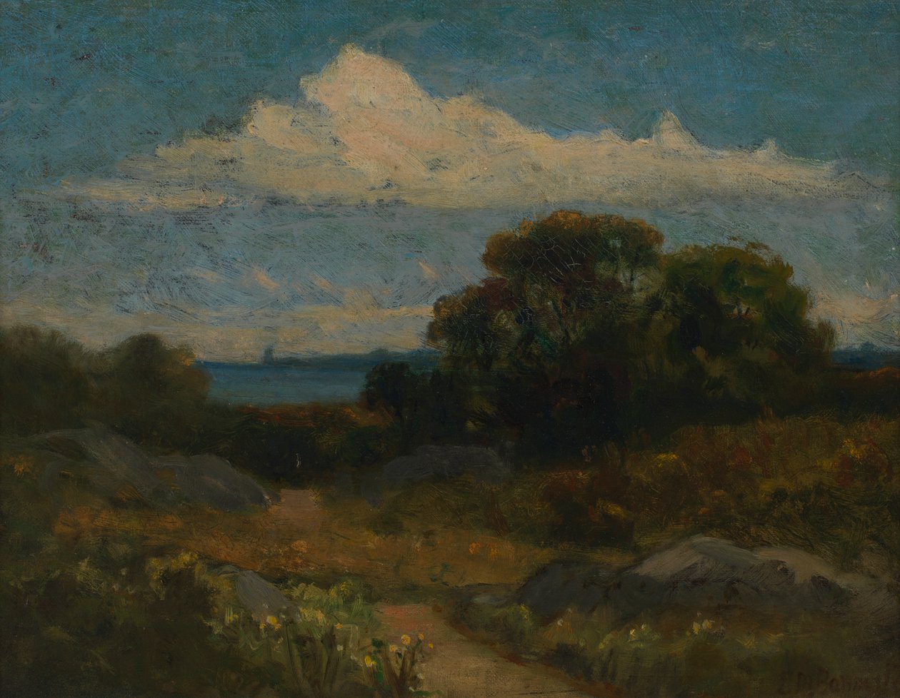 Landskab træer og klipper ved sø. af Edward Mitchell Bannister