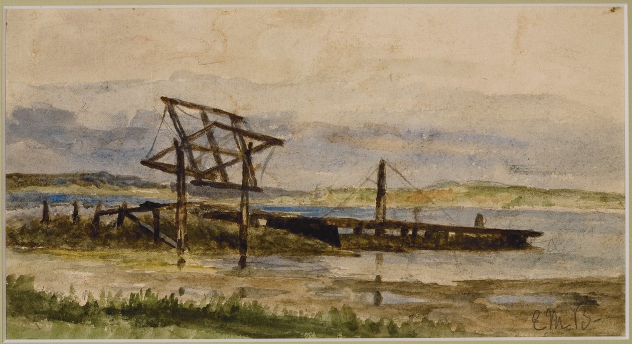 Landskab m/dok, hav og strand (#18), ca. 1880 (akvarel på papir) af Edward Mitchell Bannister