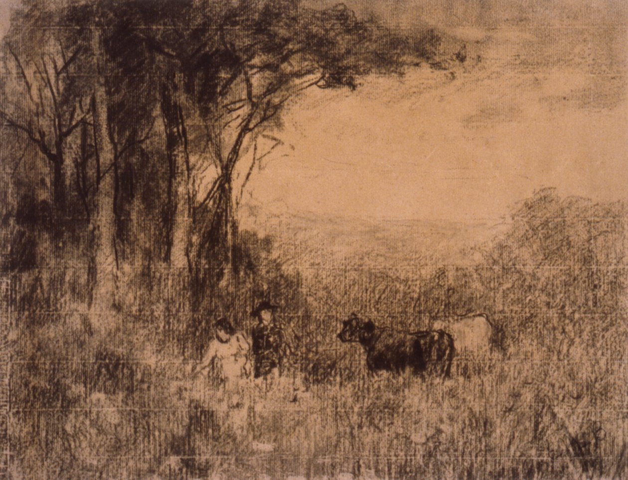 Landskab med køer og figurer, der bevæger sig gennem græsgange af Edward Mitchell Bannister