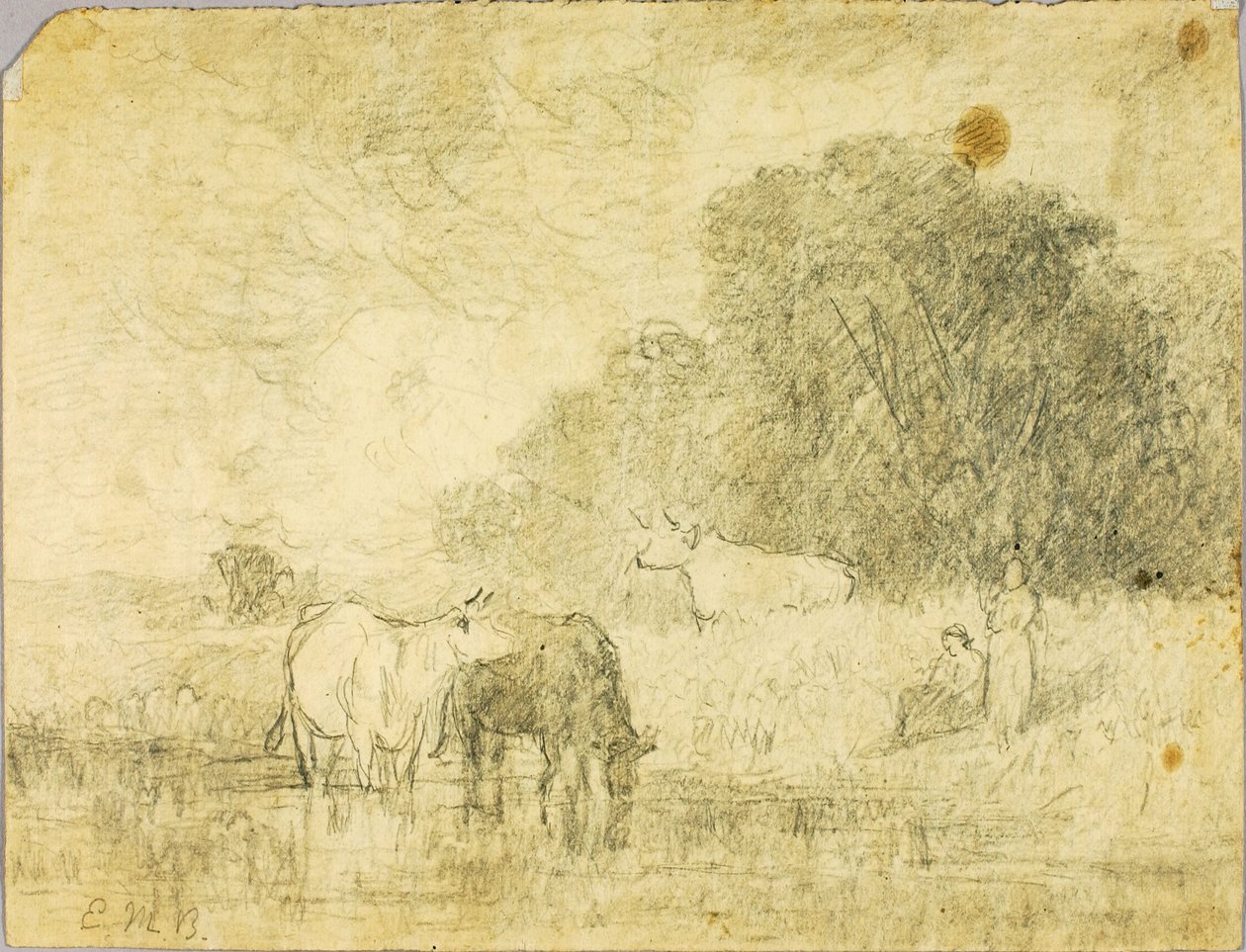 Landskab med køer ved dam, to figurer af Edward Mitchell Bannister