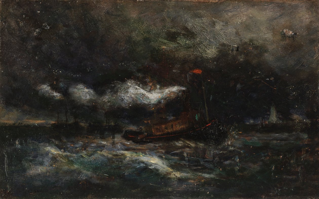 Squall, Brenton Let båd i storm, fyrtårn i baggrunden, n.d. af Edward Mitchell Bannister