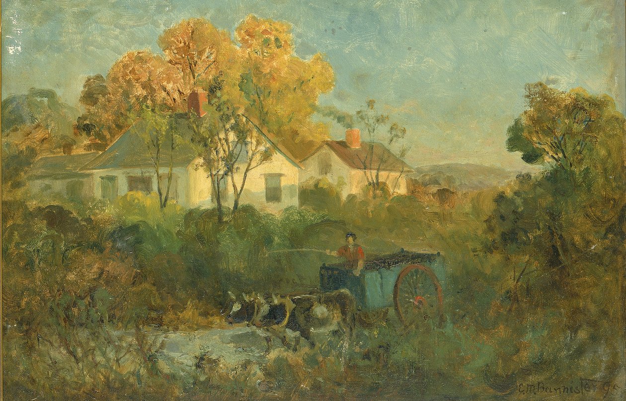 Drikkebassinet mand i vogn med okser ved bassinet, 1895. af Edward Mitchell Bannister